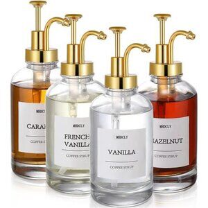 Coffee Syrup Dispenser Set with Pumps Glass Bottles Labels Coffee Bar Decor